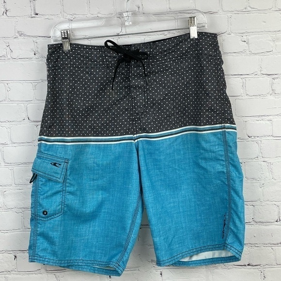 O'Neill Men’s Size 31 Board Shorts Swim Trunks Blue/Black Dots/Stripes - Picture 1 of 10